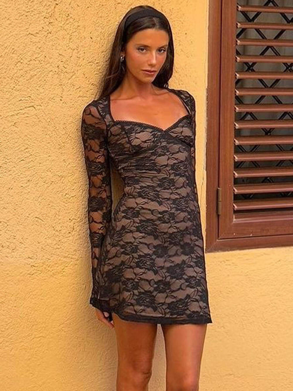 Print Lace U Neck Long Sleeve Mini Dress