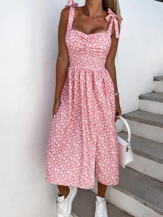 Print Suspender Sleeveless Slit Dress