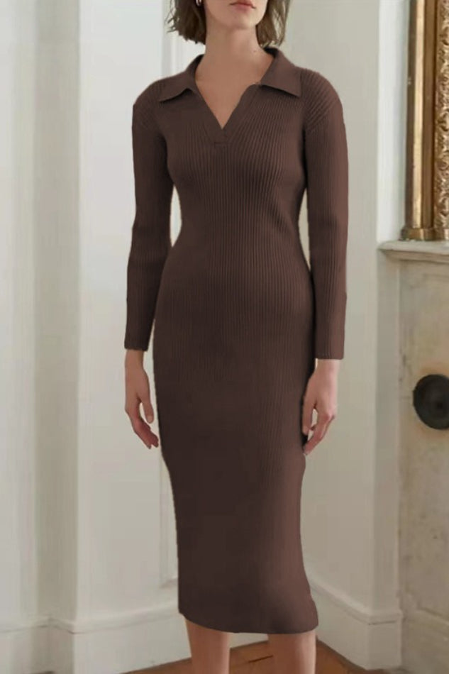 V Deep Collar Bodycon Midi Dress