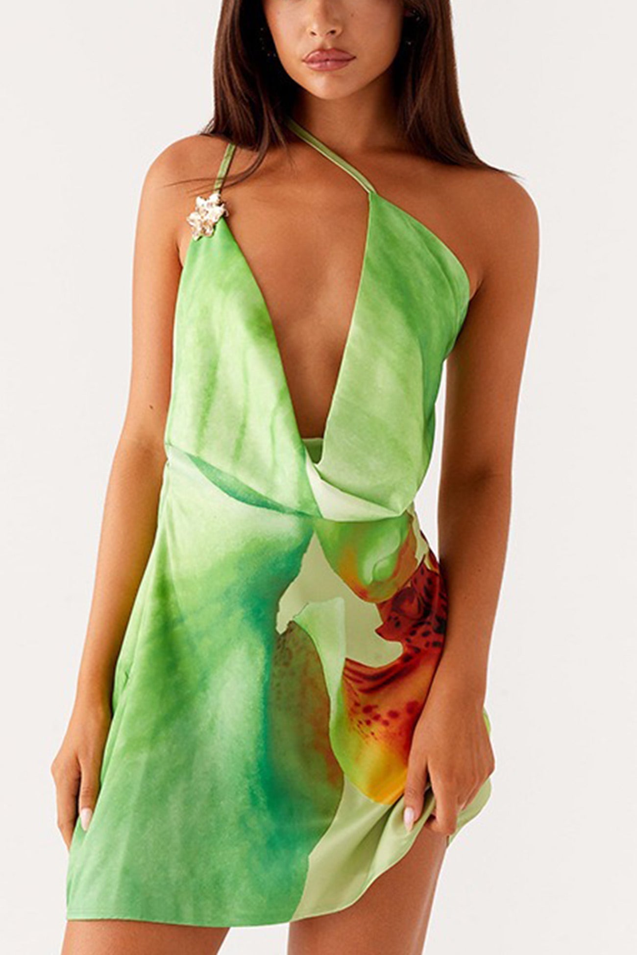 Flower Cowl Neck One shoulder Mini Dress