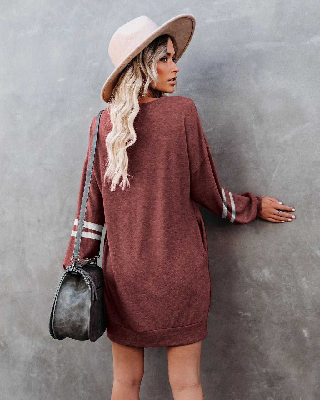 Pocketed Randy Long Sleeve Knit Dress Marsala FINAL