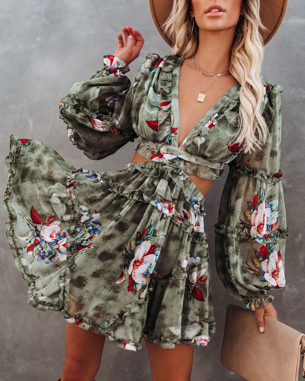 Ruffle Marie Tiered Cutout Dress Olive