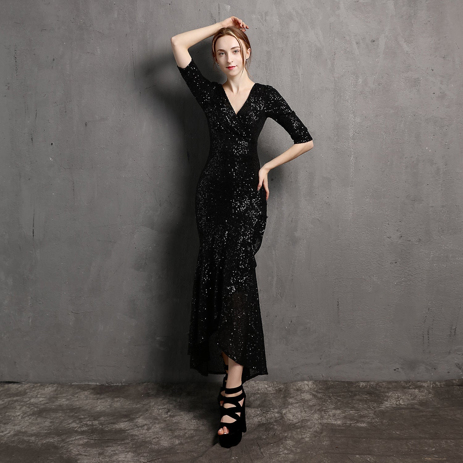 Extended Sleeve V-neck Mid-Length Formal Dress Beaded Dress Wedding Banquet Party Dress Formal Gown