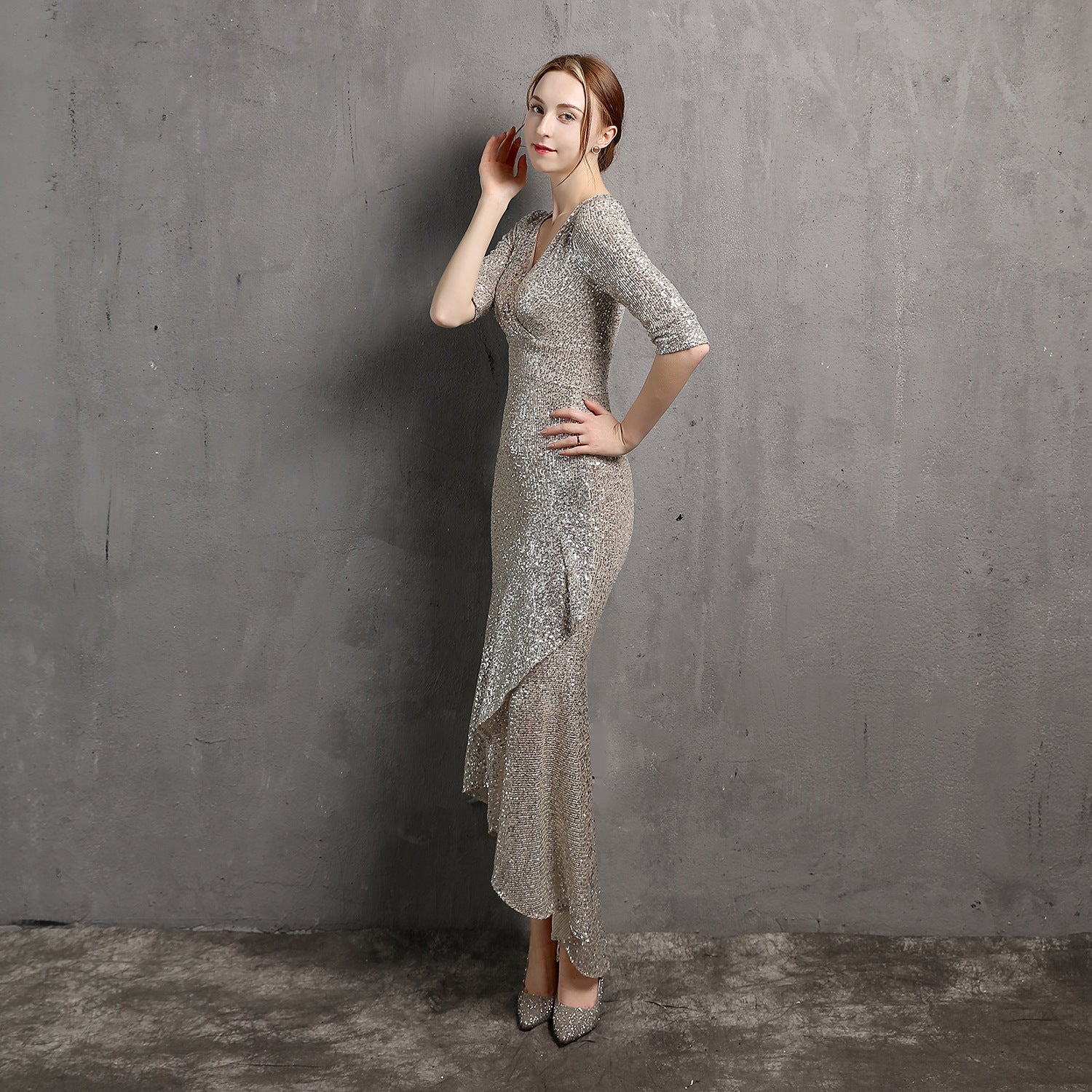 Extended Sleeve V-neck Mid-Length Formal Dress Beaded Dress Wedding Banquet Party Dress Formal Gown