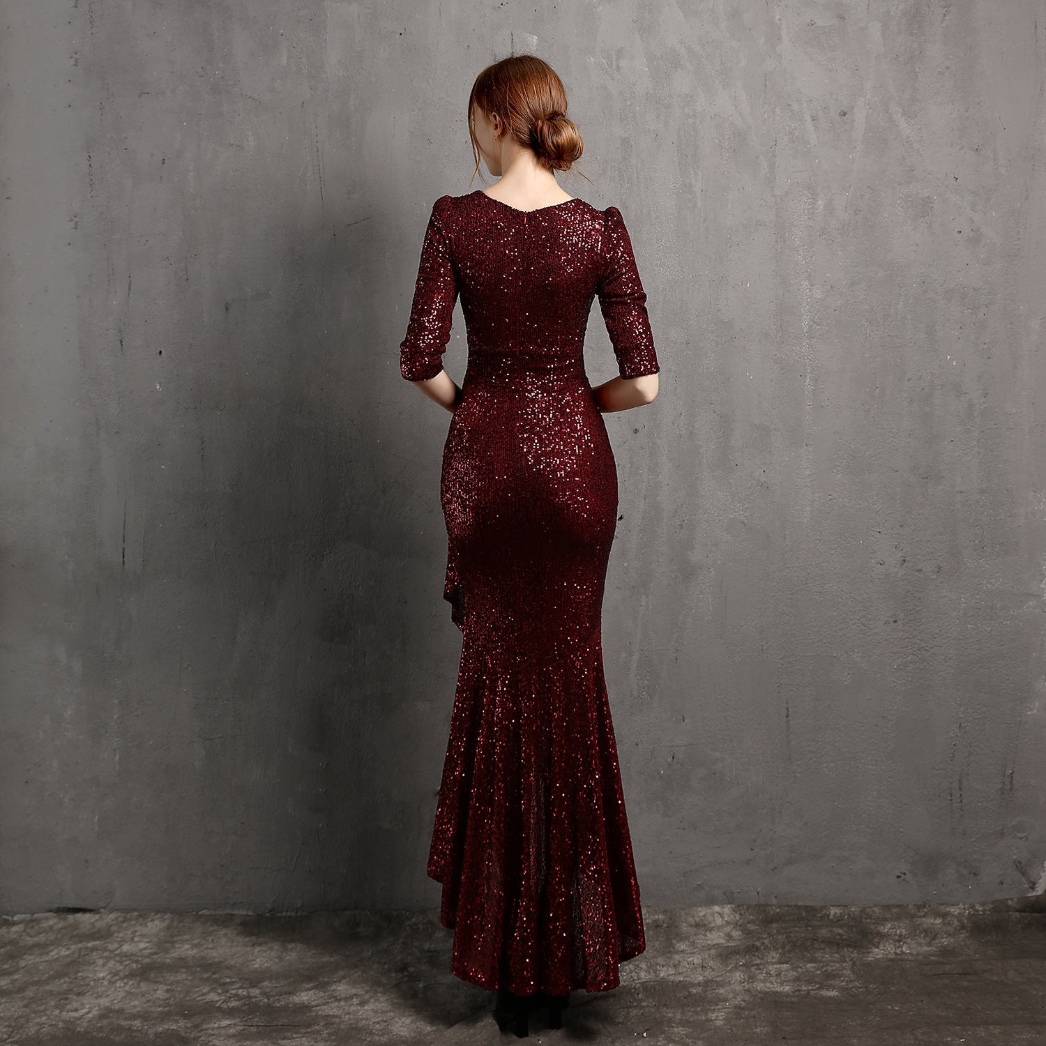Extended Sleeve V-neck Mid-Length Formal Dress Beaded Dress Wedding Banquet Party Dress Formal Gown