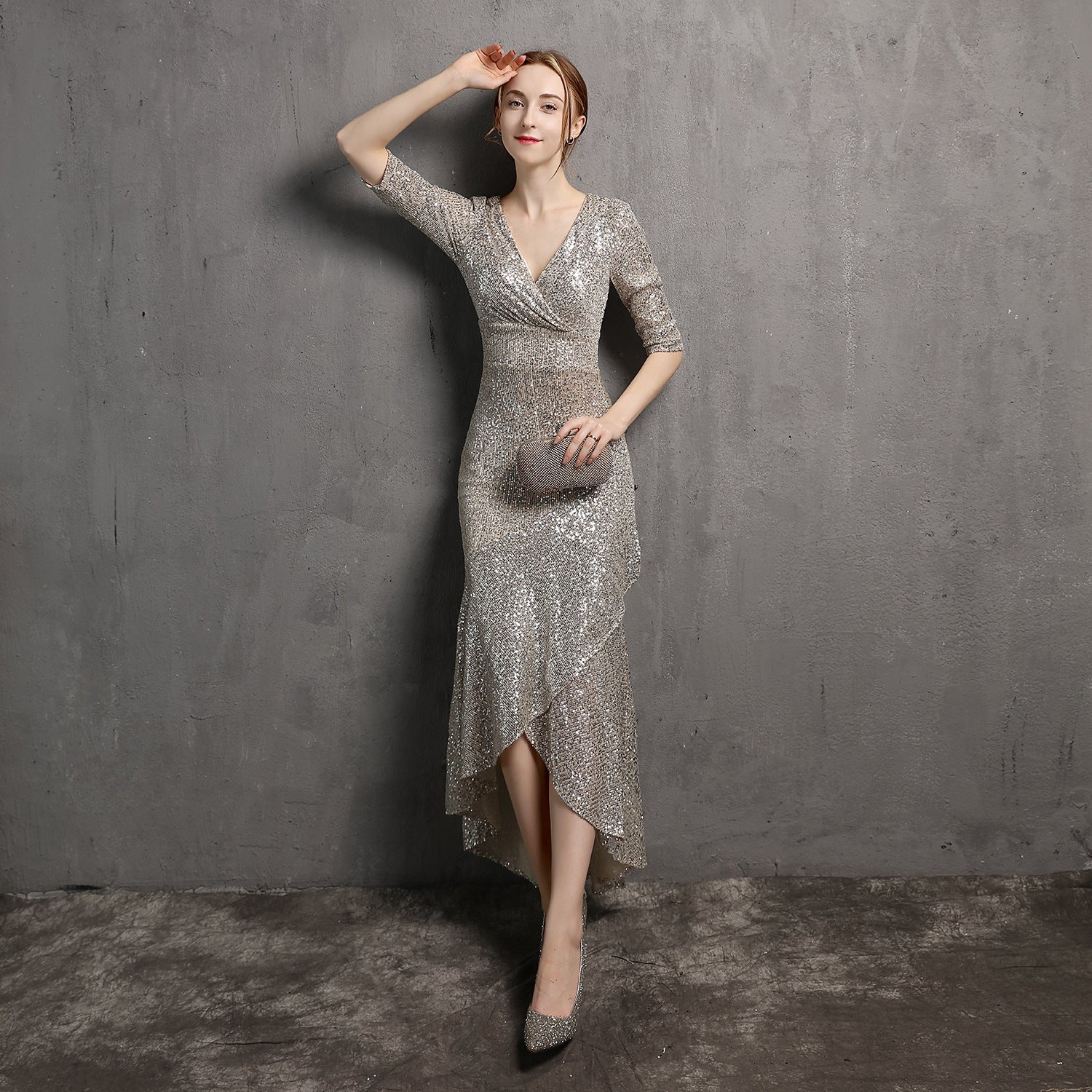 Extended Sleeve V-neck Mid-Length Formal Dress Beaded Dress Wedding Banquet Party Dress Formal Gown