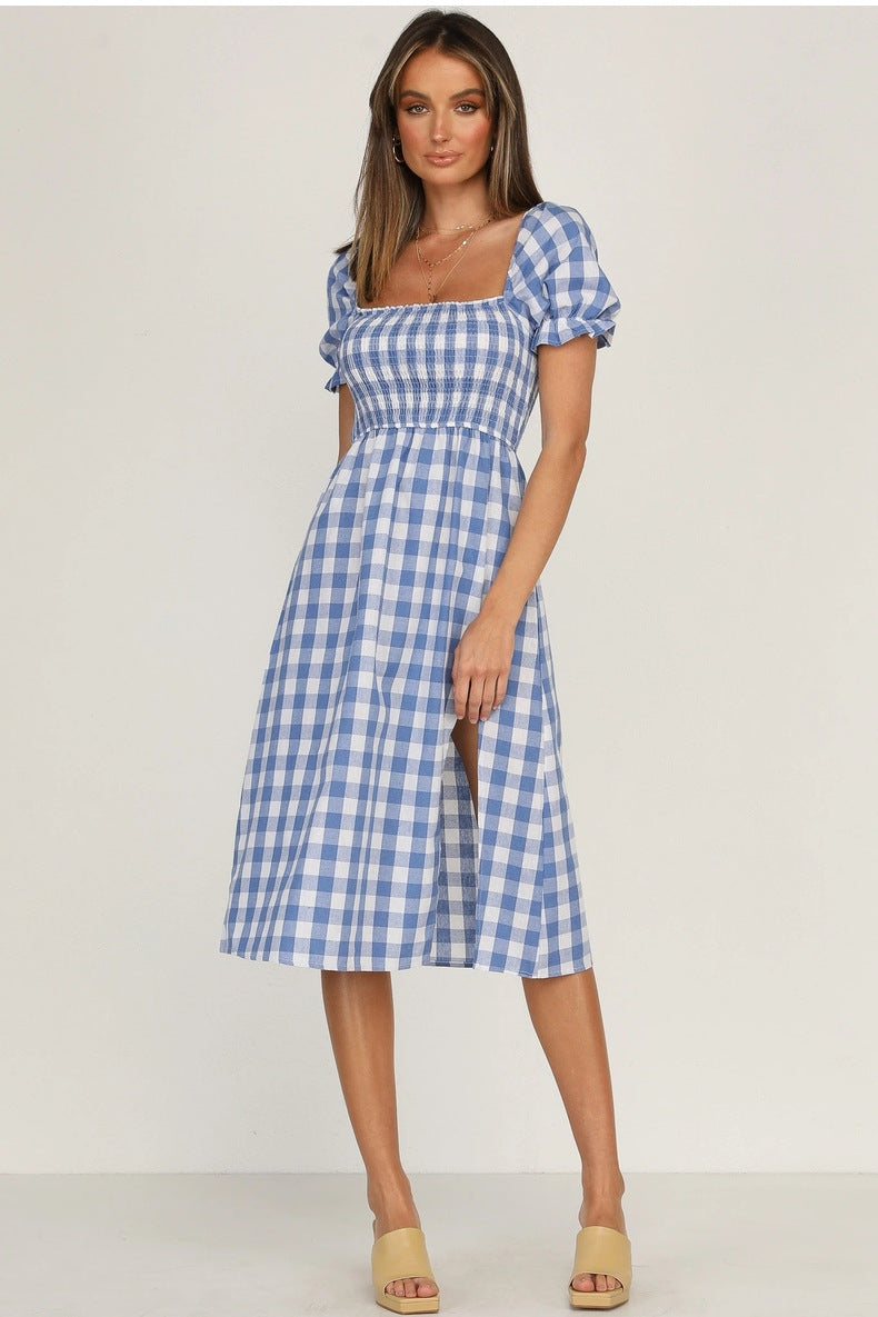 Puff Rye Sleeve Gingham Midi Dress Navy