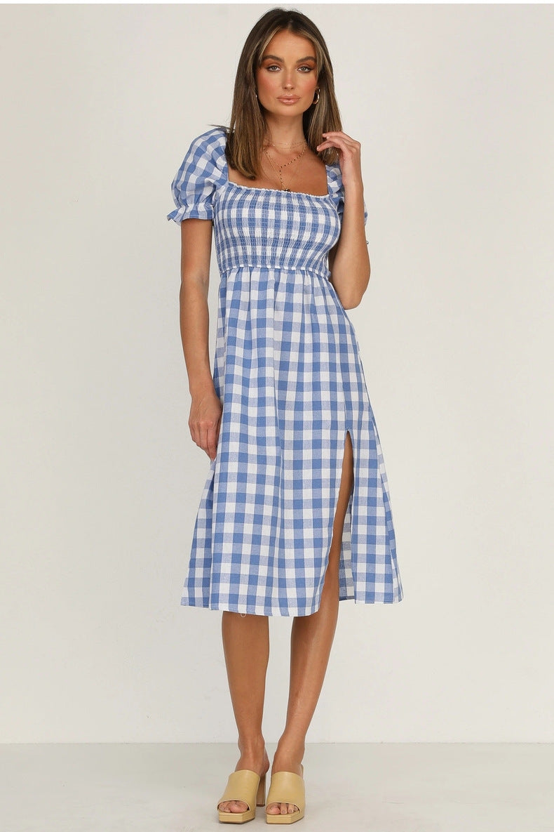 Puff Rye Sleeve Gingham Midi Dress Navy