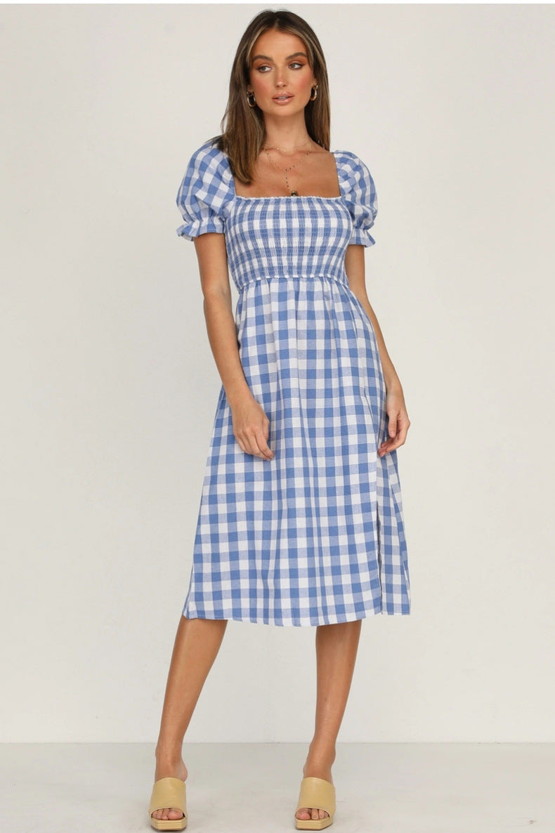 Puff Rye Sleeve Gingham Midi Dress Navy
