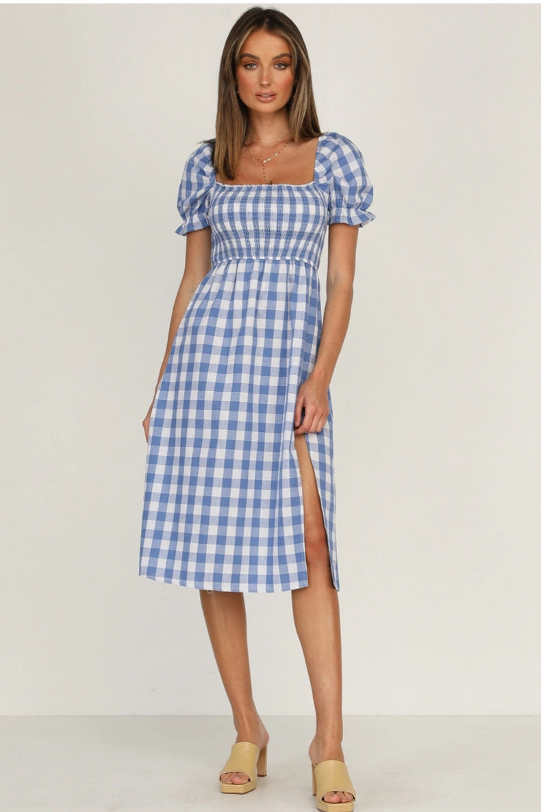Puff Rye Sleeve Gingham Midi Dress Navy