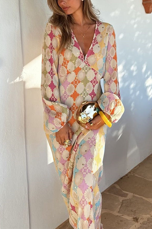 Adriana Premium V Neck Lantern Sleeves Geometric Print Maxi Dress Signature Edit
