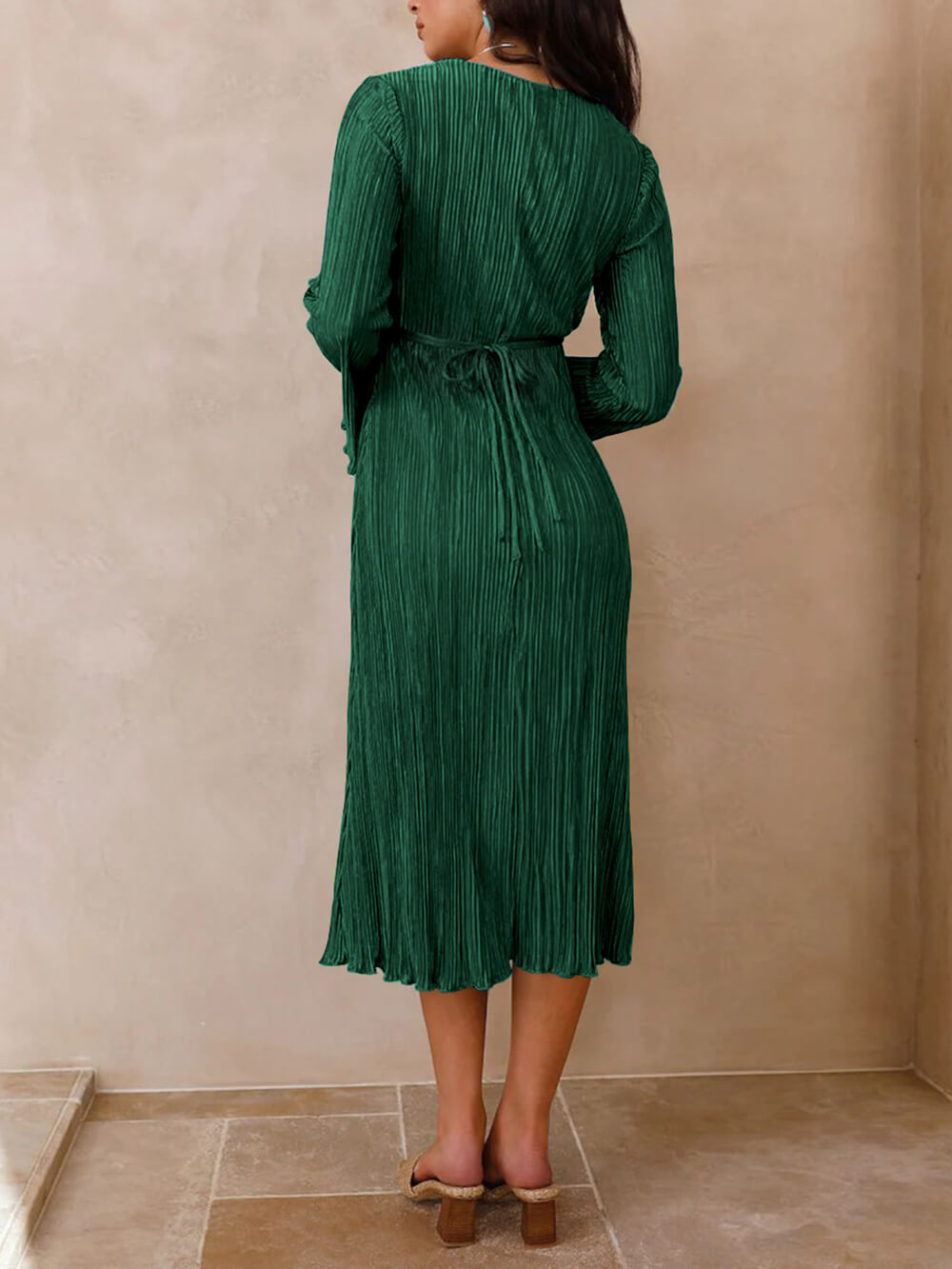 Vistas Mountain Draped Pleated Bell Sleeve Midi Dress