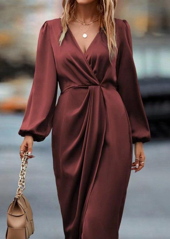 Graceful Red Draped V Neck Midi Dress