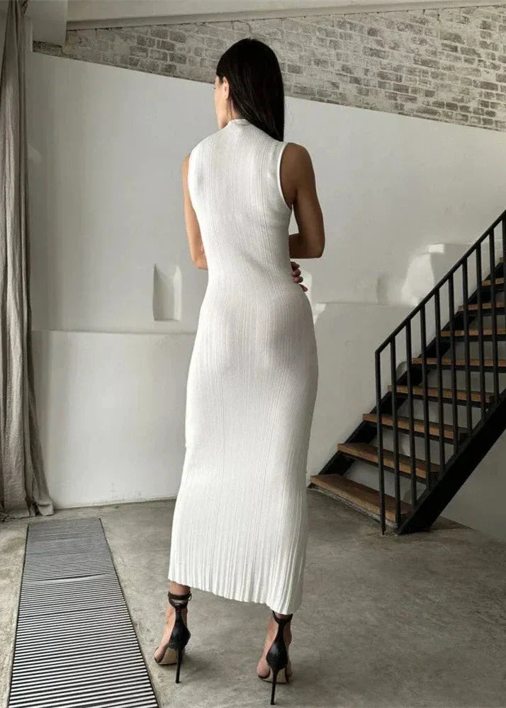 Ribbed Ivory Sleeveless Midi Dress