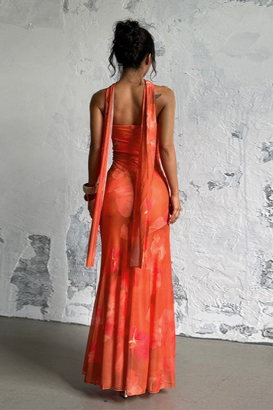 Glamorous Strapless Mesh Tie Detail Maxi Floral Dress