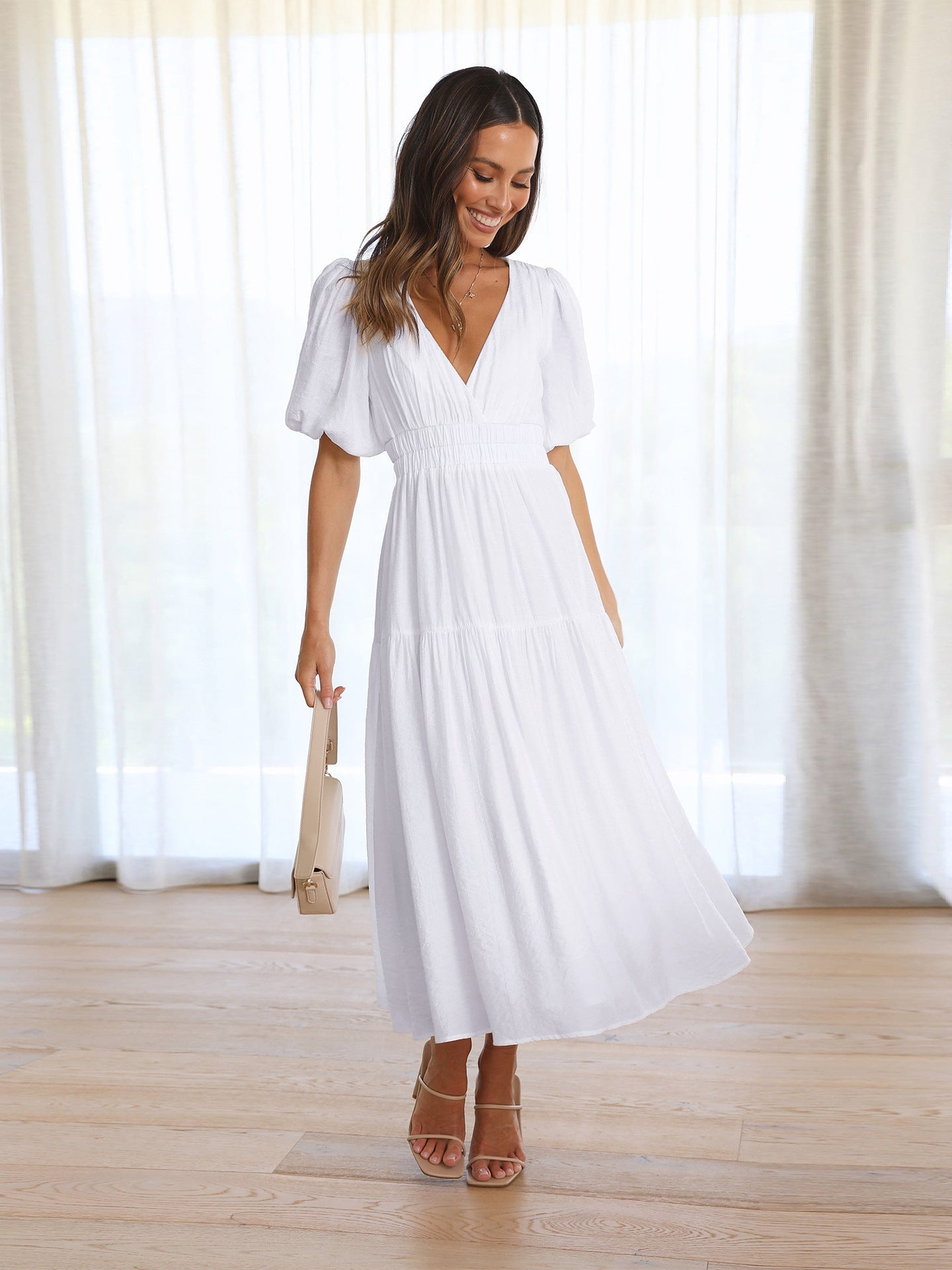Exclusive Claudia Ruffle Midi Dress with V Neck and Puff Sleeves Premium Wardrobe Essential