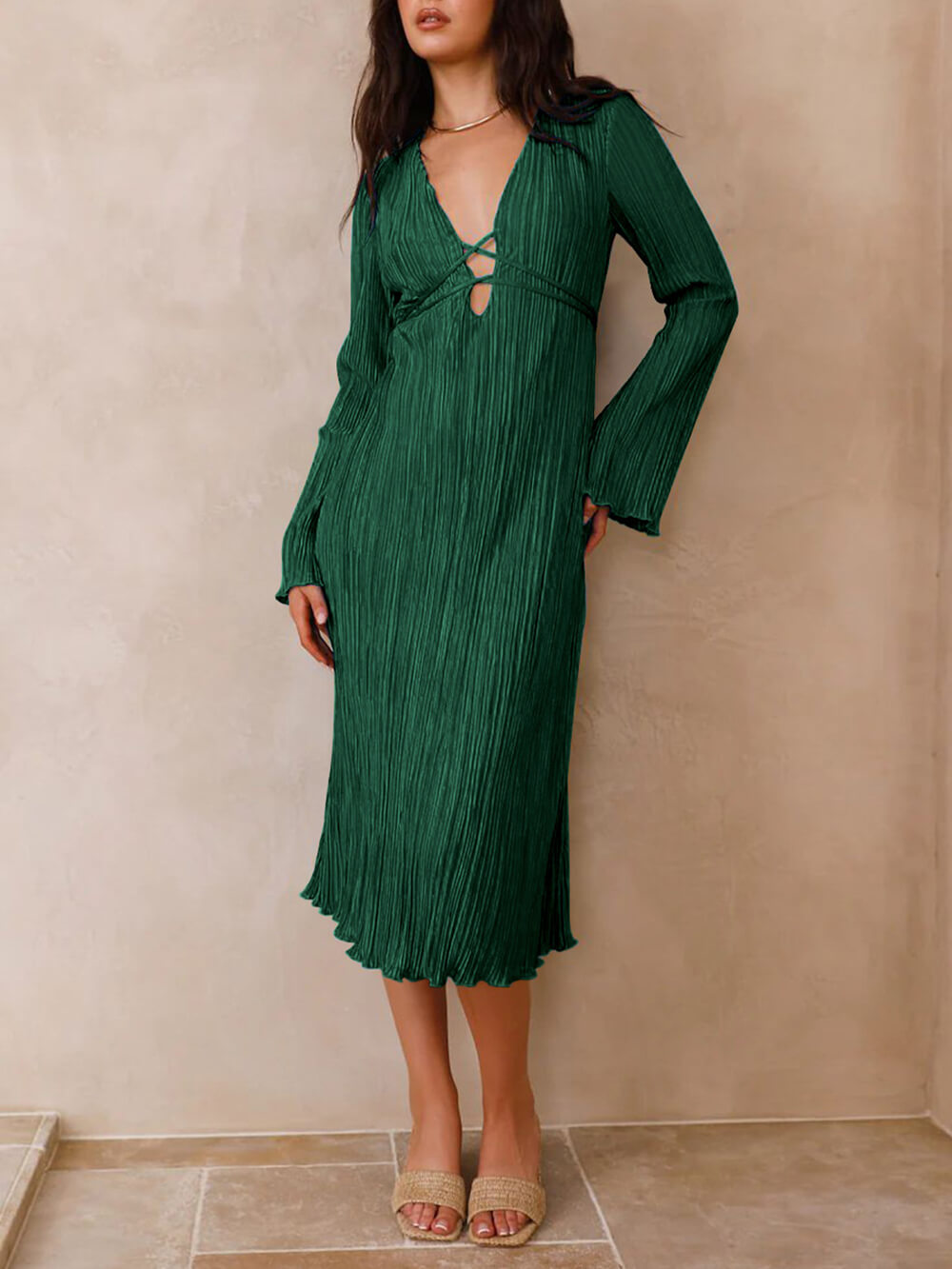 Vistas Mountain Draped Pleated Bell Sleeve Midi Dress