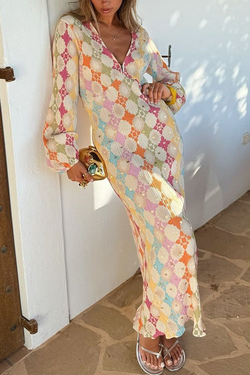 Adriana Premium V Neck Lantern Sleeves Geometric Print Maxi Dress Signature Edit