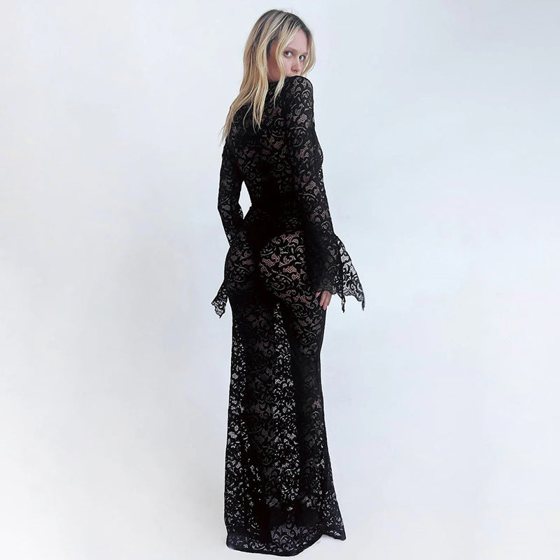 Neck V Lace Flare Sleeve Dress