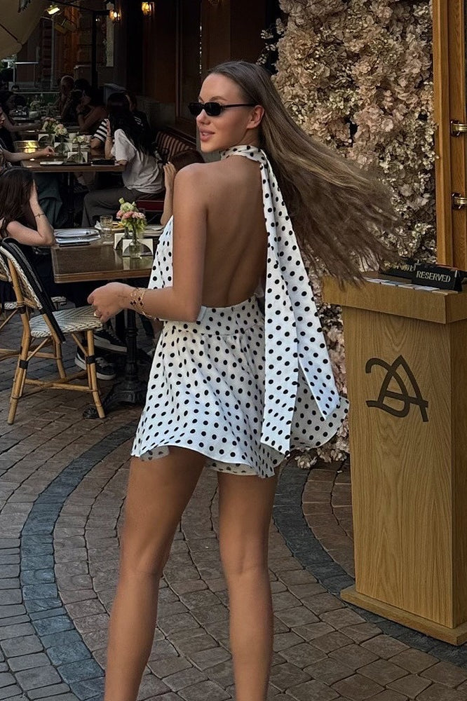 Dot Polka Halter Backless Tie Mini Dress