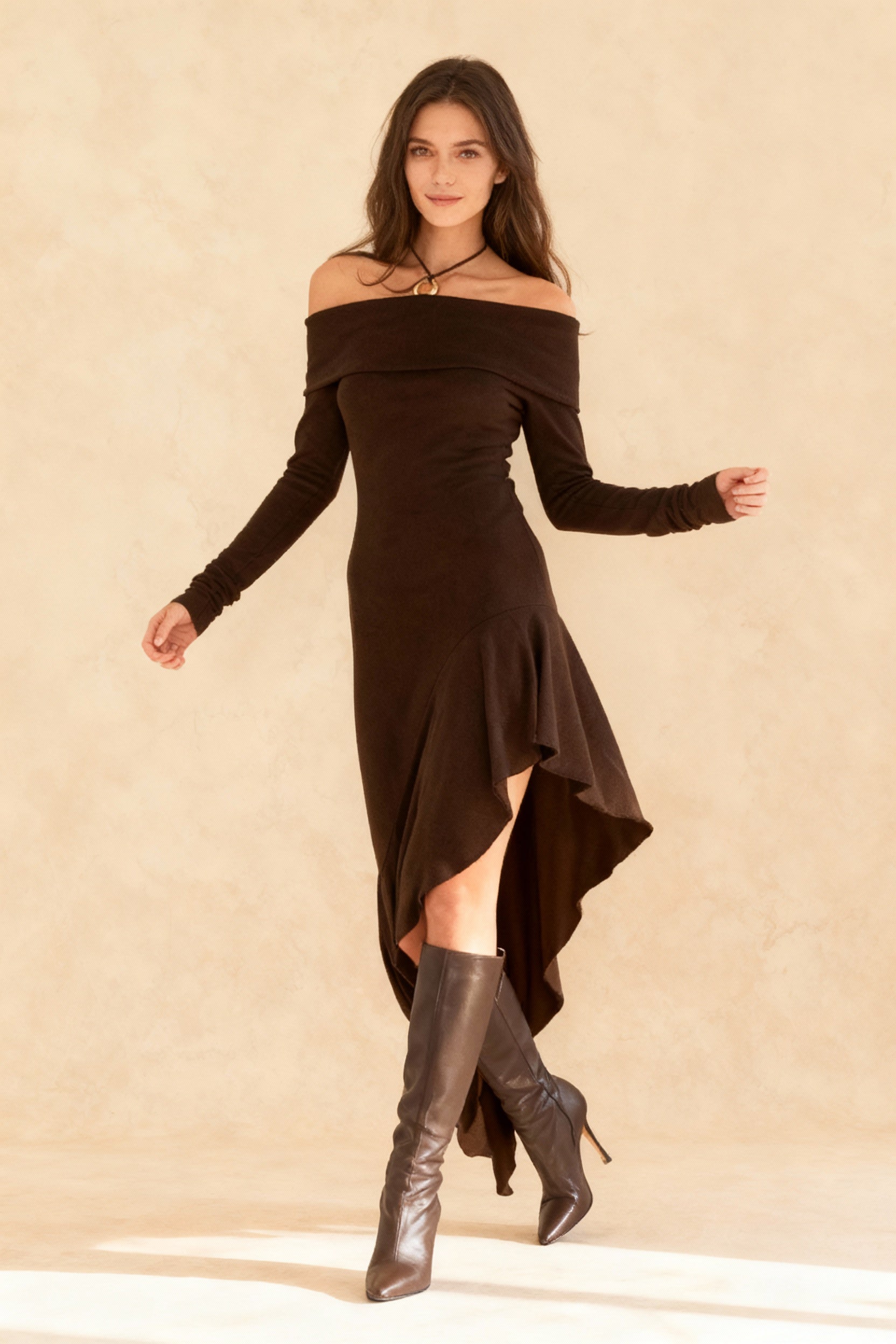 Shoulder Off Ruffle Hem Knit Dress
