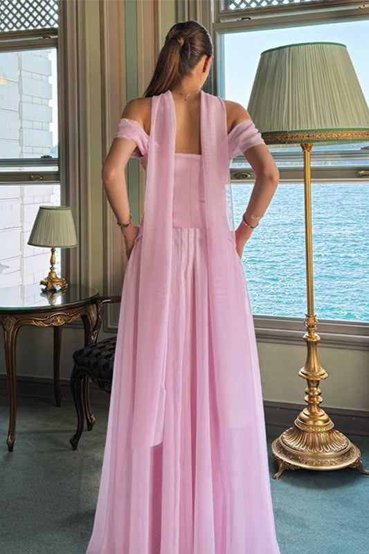 Graceful Satin Mesh Off Shoulder Prom Dress