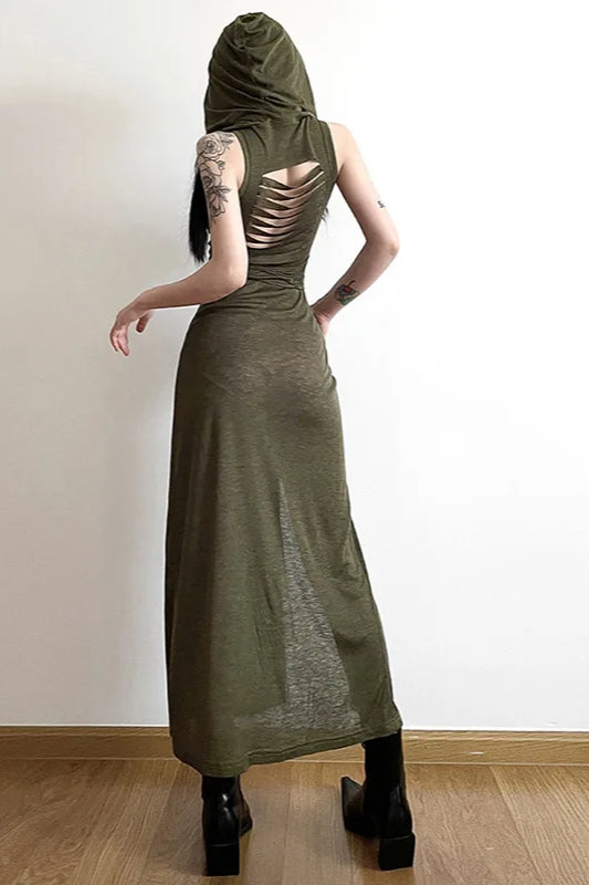 Hollow Hooded Out Midi Dress