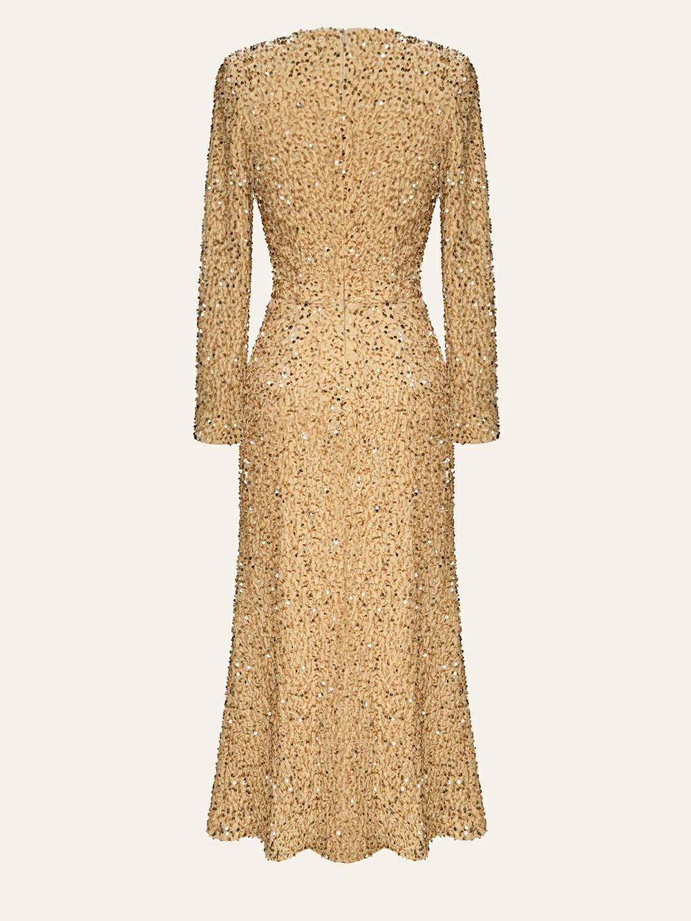 Decorated Sequin Velvet Midi Dress In Beige