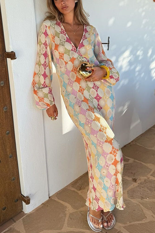 Adriana Premium V Neck Lantern Sleeves Geometric Print Maxi Dress Signature Edit