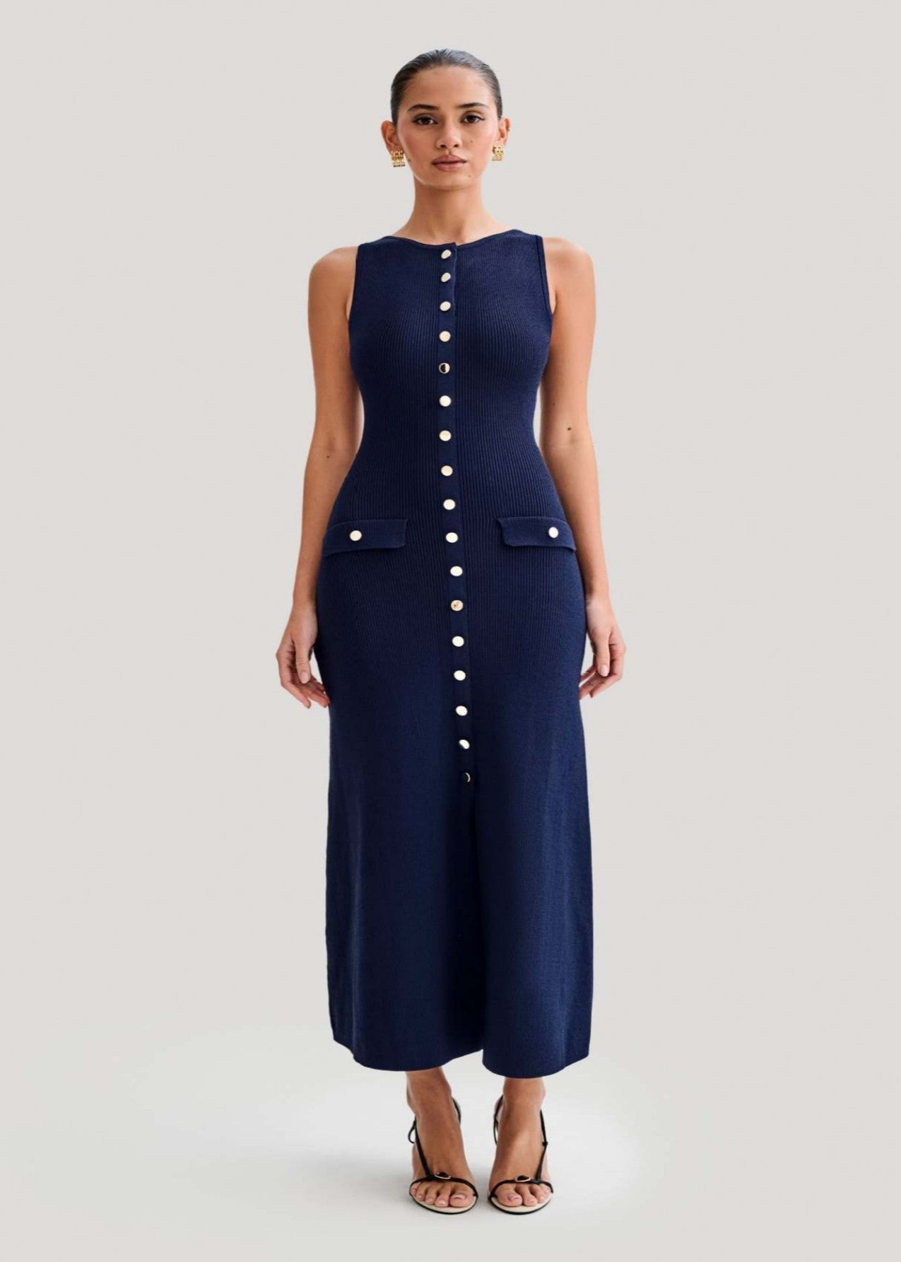 - Juliette Ribbed Knit Button Midi Dress