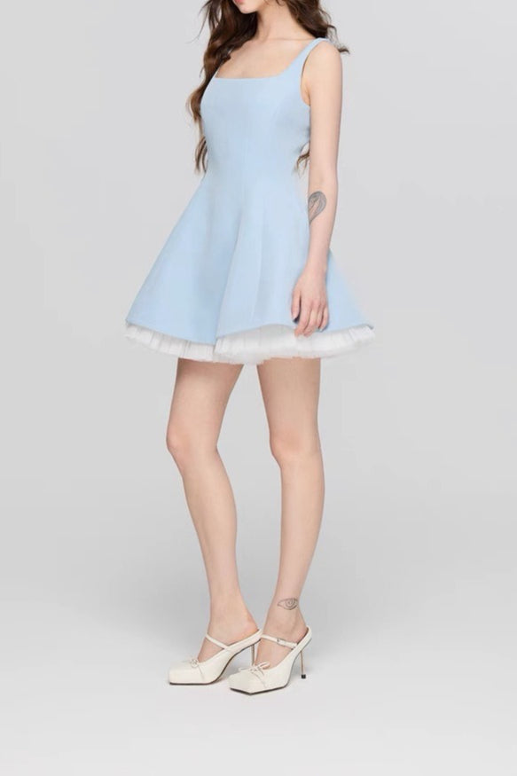 Neck Square Mesh Panel Mini Dress