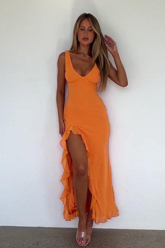 Neck V Ruffled Slit Cami Midi Dress