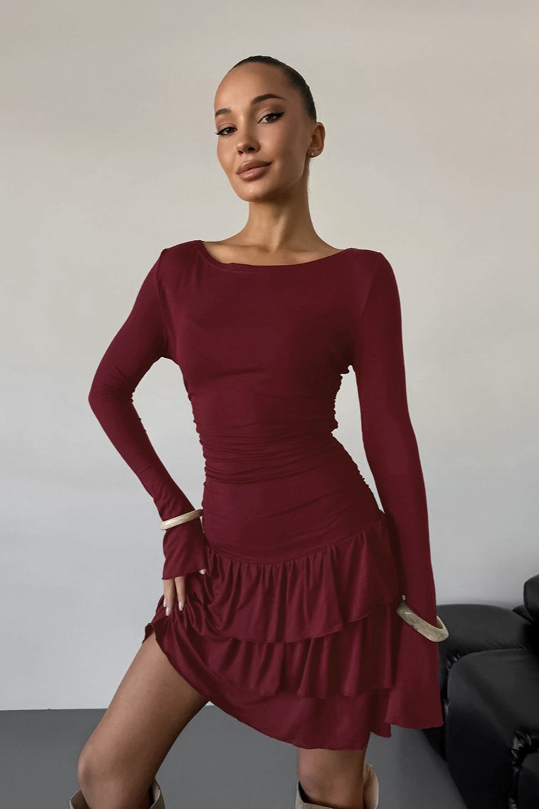 Waist Ruffle Round Neck Mini Dress