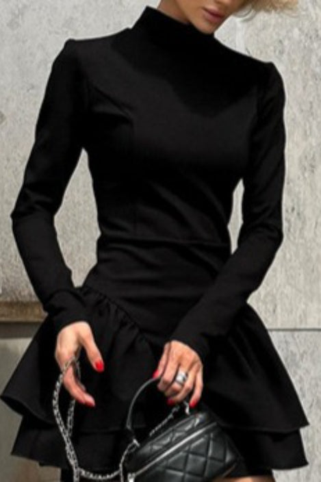 High Black Neck Ruffle Mini Dress