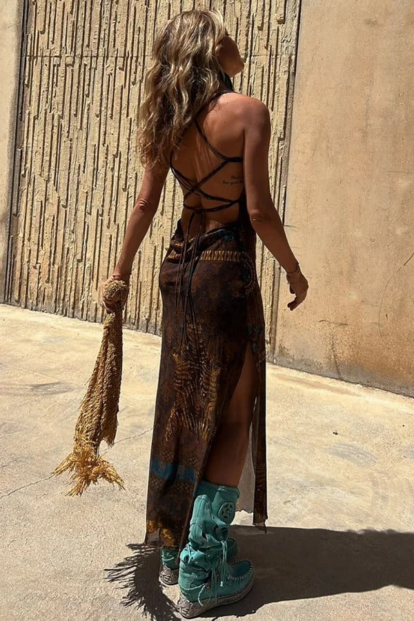 Exclusive Griselda Midi Dress with a Unique Gypsy Style Print, Cowl Neckline At the Back, Lace Up Fastening and Slit Evening Wear Edit