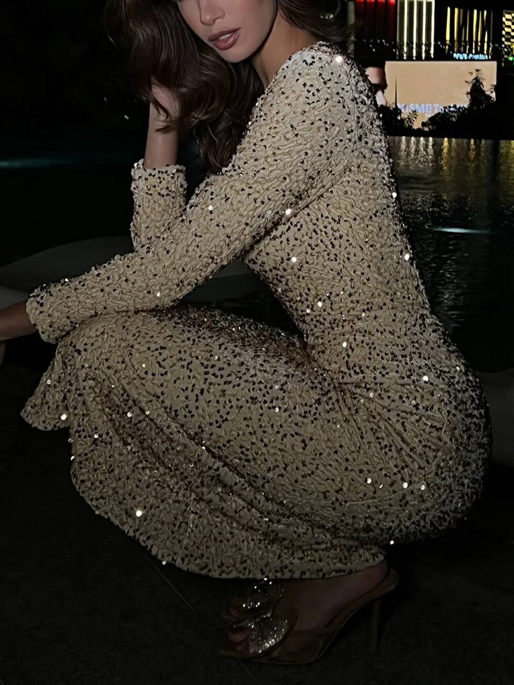 Decorated Sequin Velvet Midi Dress In Beige