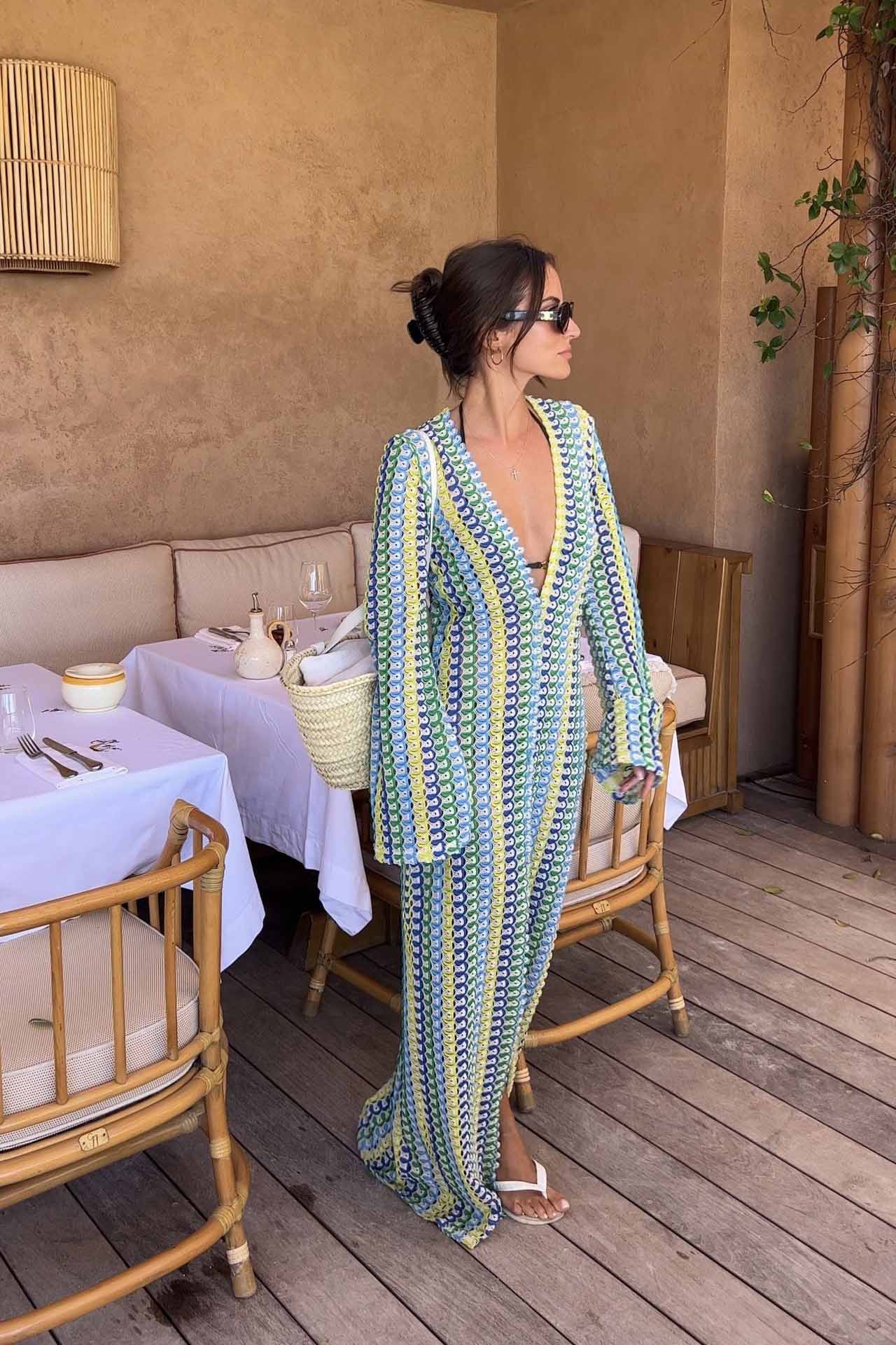 Pilar Chic Boho V Neck Bell Sleeve Maxi Dress, Wavy Striped Crochet Beach Holiday Dress Evening Wear Edit