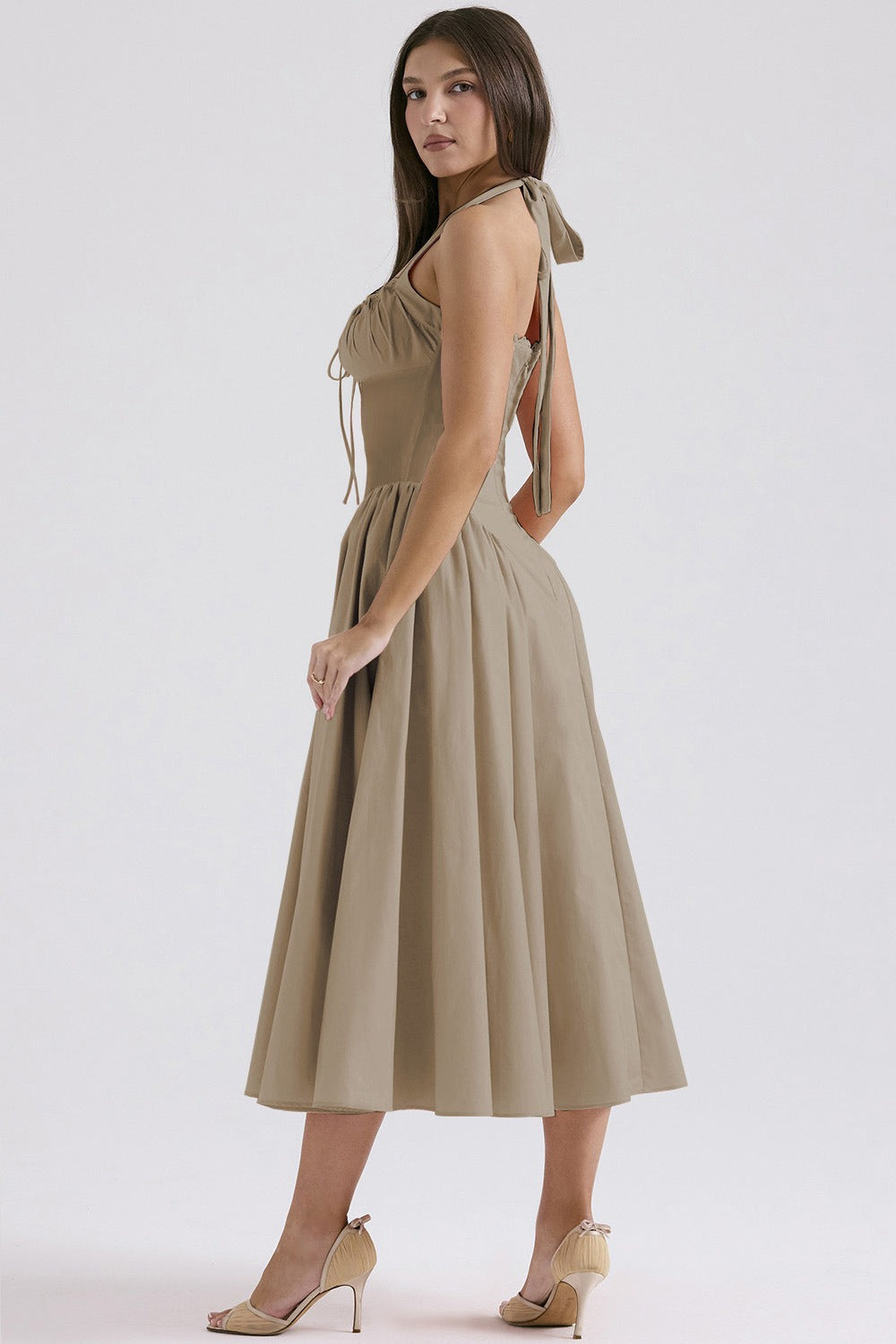 Flower Halter Lace Trim Long Sleeveless Prom Dress