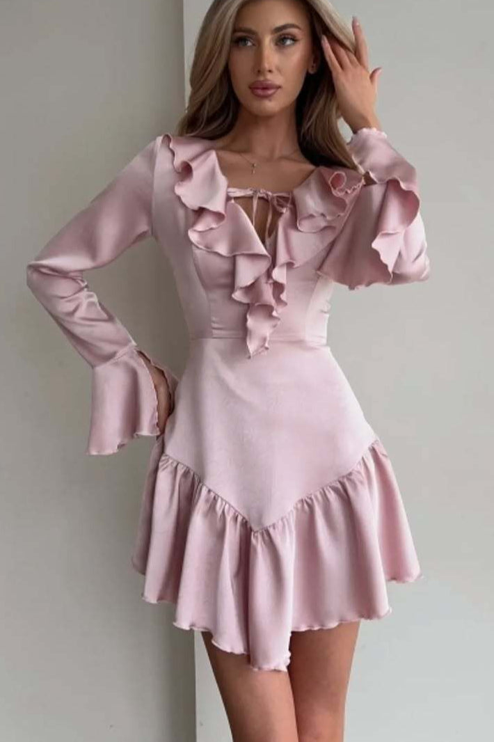 Neck V Ruffled Tie Midi Dress