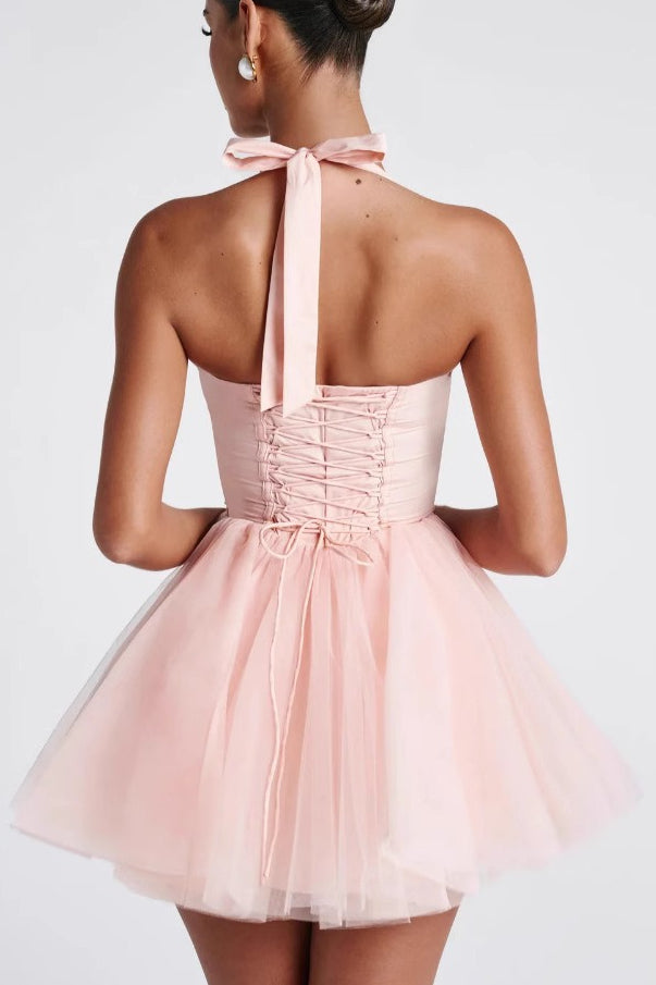 Halter Boned Lace Tie Waist Tulle Mini Dress