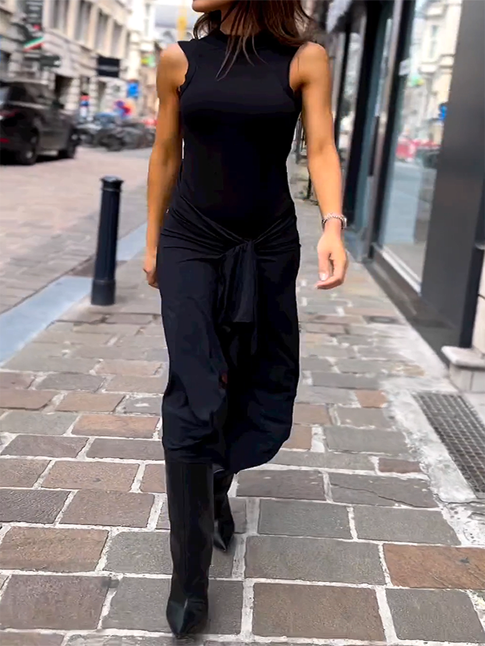 Neck Round Sleeveless Tie Solid Color Dress