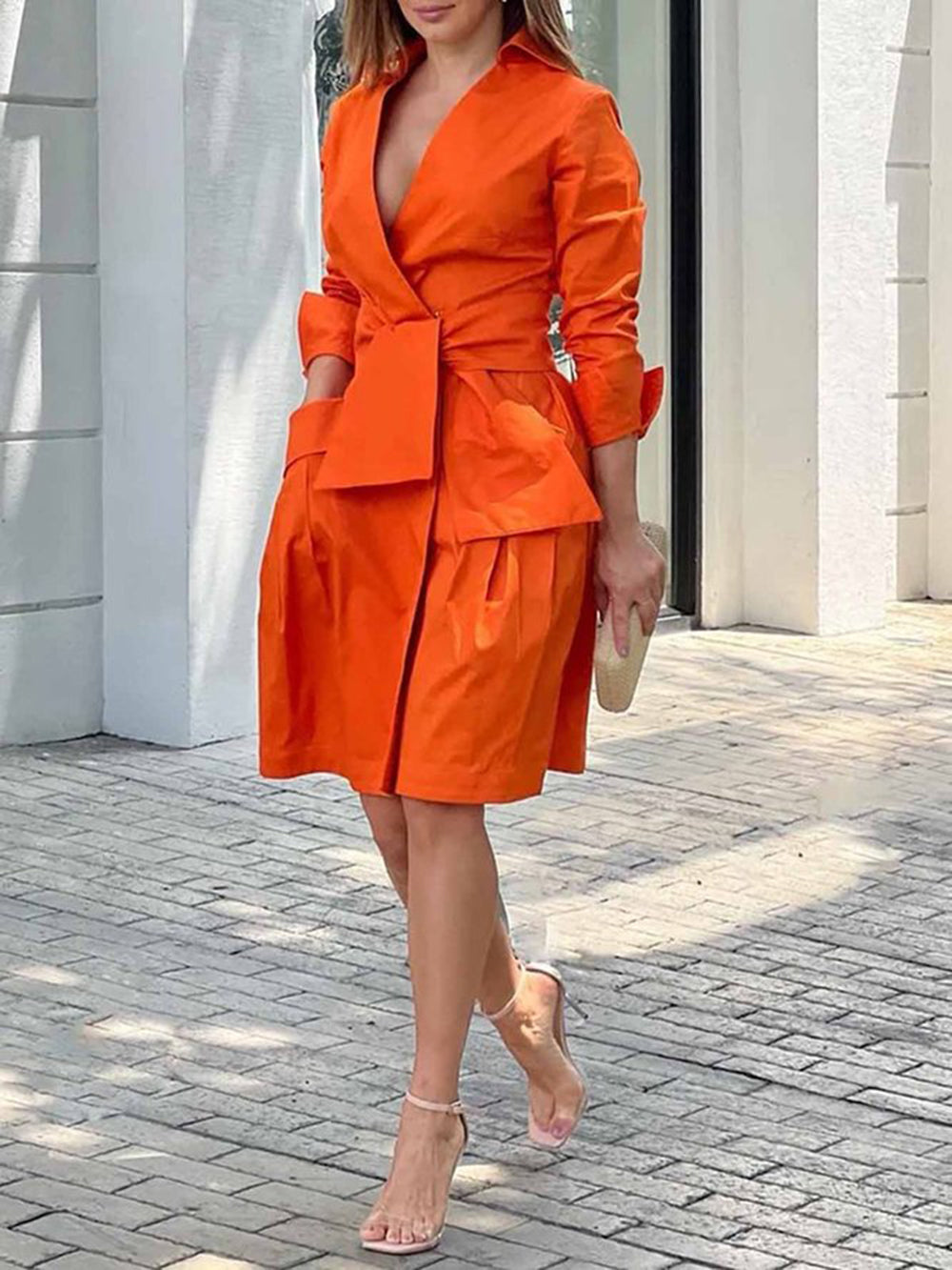 Draped Orange Cotton Wrap Shirt Dress