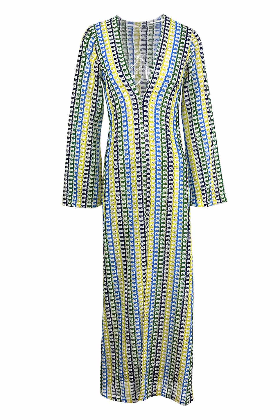 Pilar Chic Boho V Neck Bell Sleeve Maxi Dress, Wavy Striped Crochet Beach Holiday Dress Evening Wear Edit