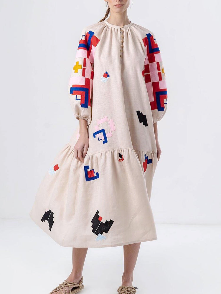 Loose Fit Printed Lantern Sleeve Relaxed Dress