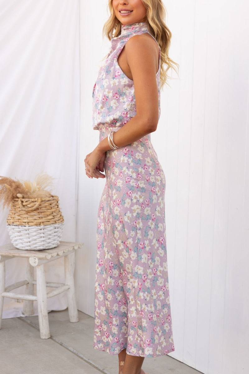 Wine Country Dates Bloom Halter Neck Elastic Waist Maxi Dress