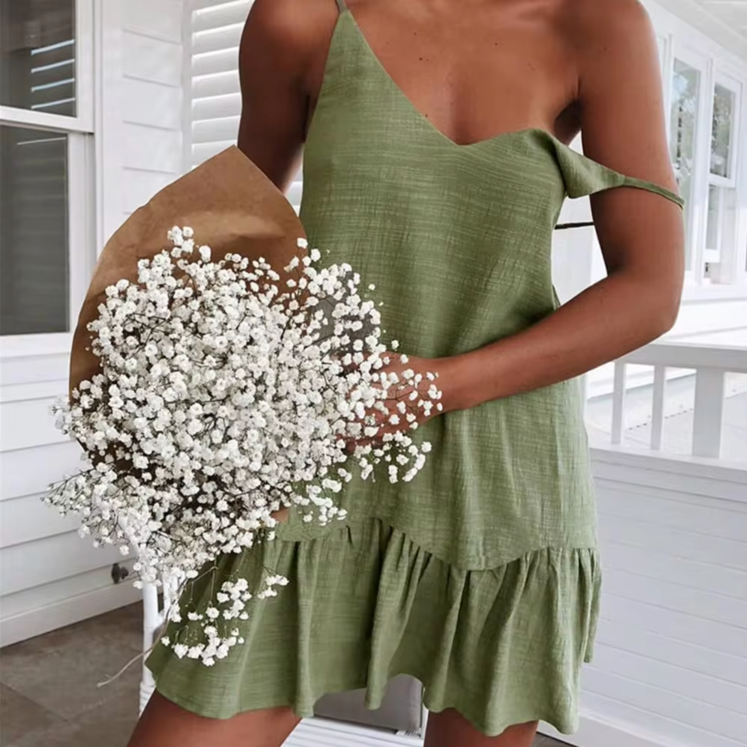 Exclusive Zelma Cotton Linen Mini Dress with Ruffles Everyday Luxe Edit