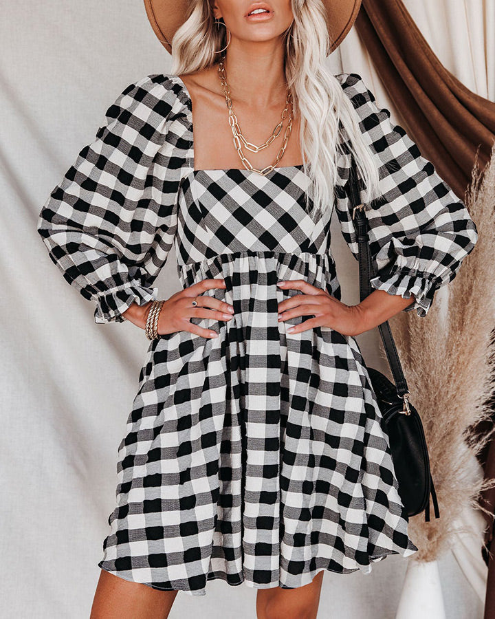 Plaid Brownstone Adjustable Balloon Sleeve Dress FINAL
