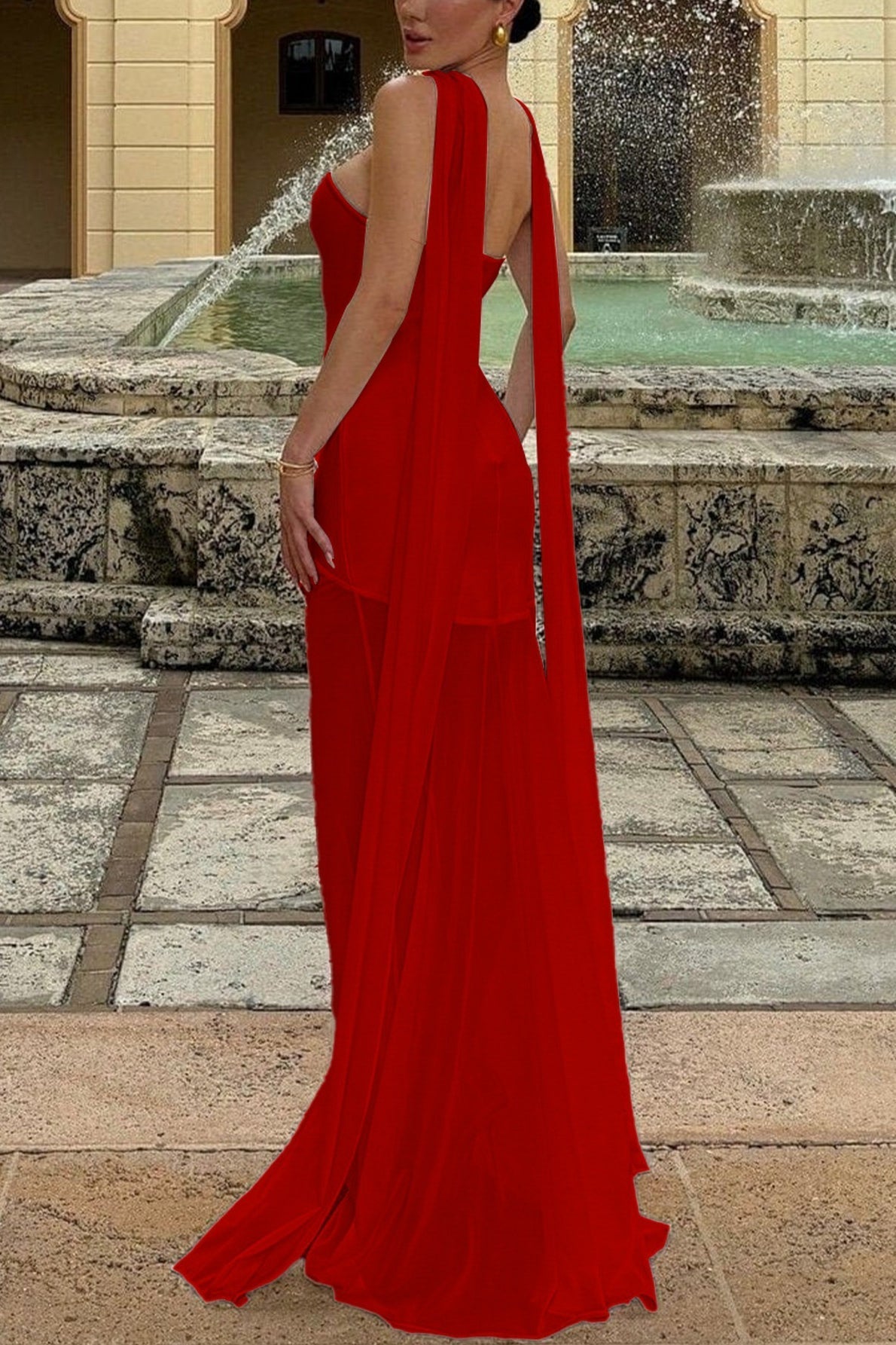 Draped Tie Chic Mesh Patch Tube Prom Dress