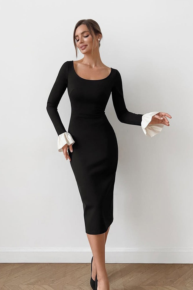 Neck U Lace Panel Midi Dress