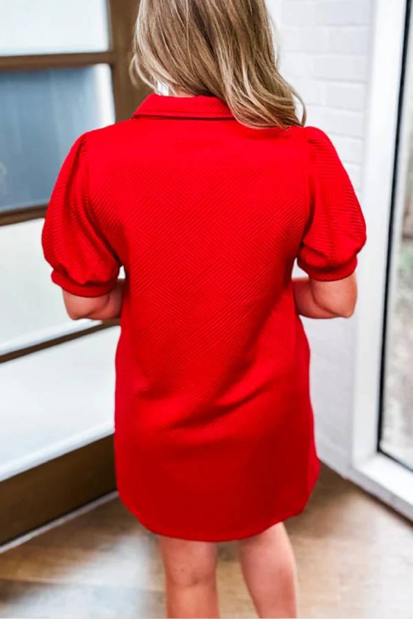 Minimalist Audrey Fiery Red Structured Mini Dress with V Neck and Puff Sleeves Evening Wear Edit